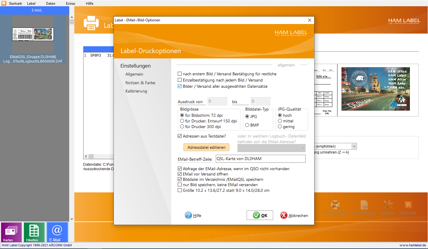 Optionen fr EMail-QSL